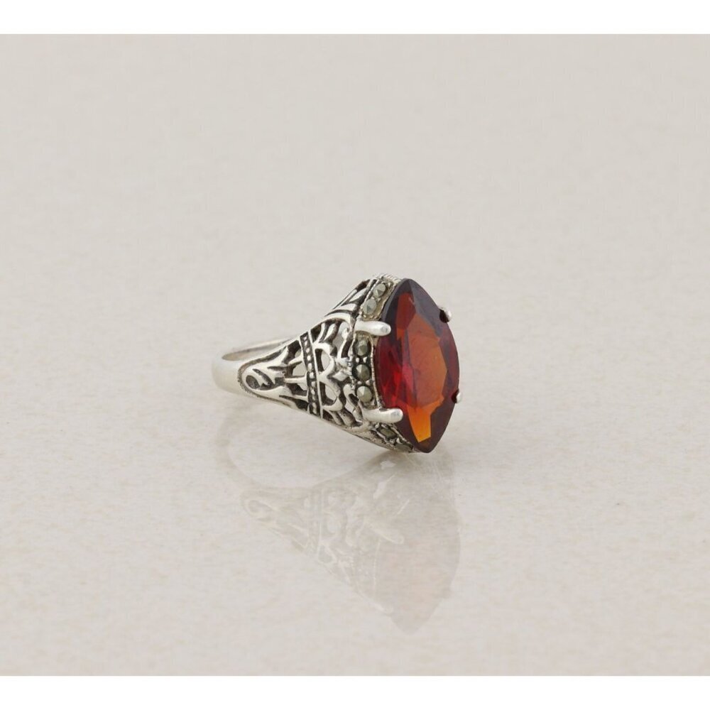 Sterling Silver Red Cubic Zirconia and Marcasite Ring Size 6 3/4 - Picture 8 of 9